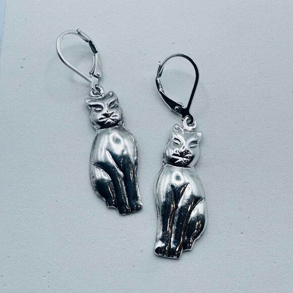 Vintage Sterling Silver Cat Dangle Drop Earrings Marked NF and Stamped 925 - Picture 6 of 6
